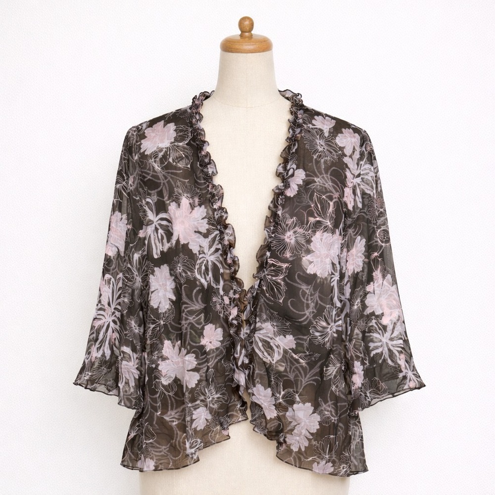 VTG Studio 1940 Blouse‎ Sz 20 2X Black Sheer Ruffle Tie Close Y2K Coquette Fairy